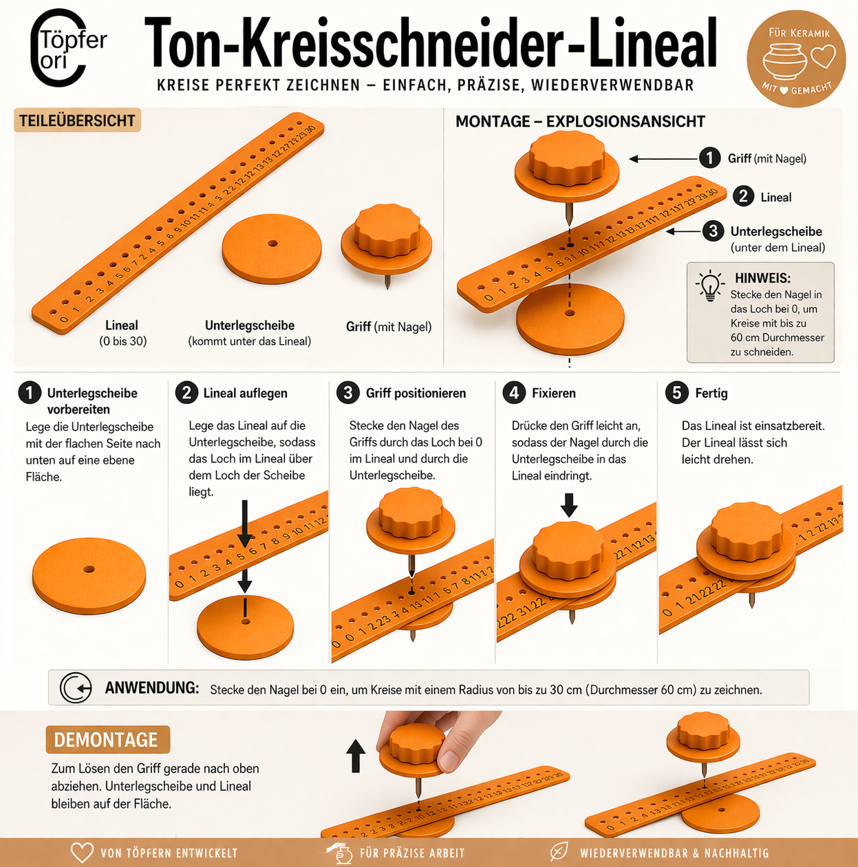 Töpferwerkzeug | Ton-Kreisschneider-Lineal