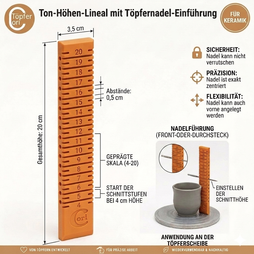 Töpferwerkzeug | Ton-Höhen-Lineal mit Töpfernadel-Einführung