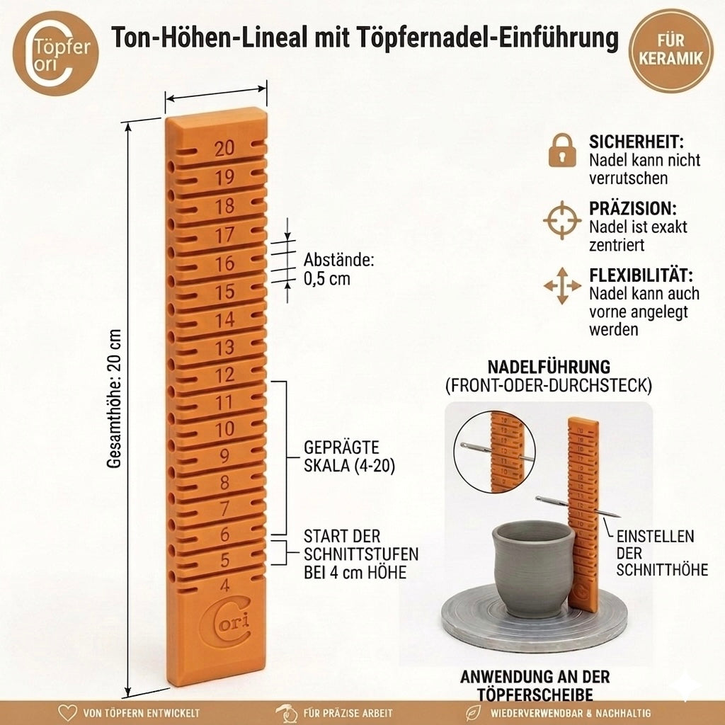 Töpferwerkzeug | Ton-Höhen-Lineal mit Töpfernadel-Einführung